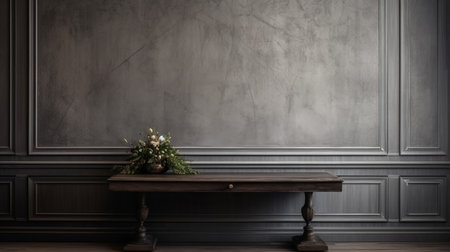 a neoclassical-style wooden table adorned with a beautiful flower arrangement sits against concrete walls. this composition captures the essence of tonal sharpness and australian tonalism, with its dark gray and gray hues. the decorative lines add an elegant touch to the scene, reminiscent of the barbizon school. this stunning image is available in 32k uhd resolution. ai generatedの素材