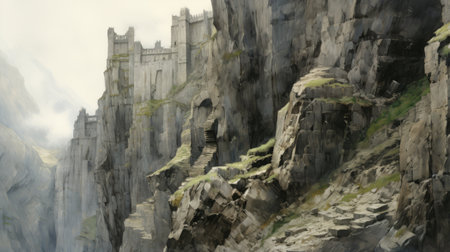 a captivating art image featuring a detailed castle perched on a steep cliff, reminiscent of the artistic styles of nick alm and rashad alakbarov. this contemporary take on medieval art showcases intricate architecture, with a focus on stone structures and high levels of detail. the image evokes a sense of passage and transports viewers to a world of imagination. ai generatedの素材