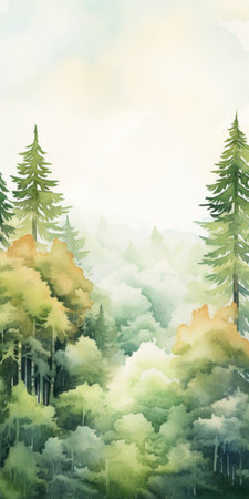 a watercolor landscape scene featuring trees and clouds, painted in an earth tone color palette. the light emerald and yellow hues create a serene atmosphere. this mural painting captures the essence of atmospheric woodland imagery, with nature-inspired elements. the illustration exhibits a whistlerian style, showcasing the beauty of the natural world. ai generatedの素材