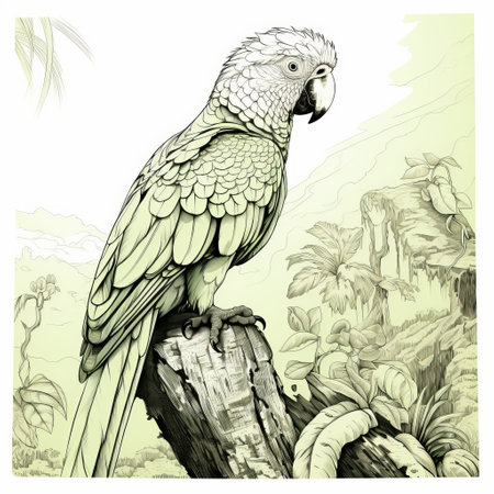 a green parrot perched atop a tree in a forest illustration. the illustration is done in a detailed ink style, featuring white and gray tones. the environment is highly detailed, resembling scientific and editorial illustrations. the scene captures the enigmatic beauty of the tropics, with a sepia tone adding to its allure. ai generatedの素材