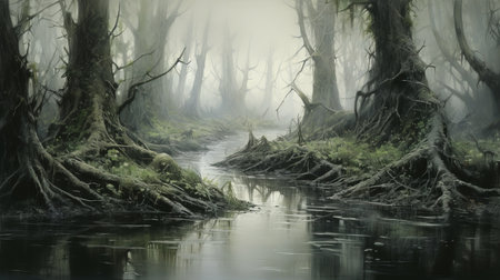 a painting depicting tall trees on a swamp river, created in the style of matte painting. the artwork showcases eerie and highly detailed environments, with flowing brushwork and mist adding to the realistic and hyper-detailed renderings. ai generatedの素材
