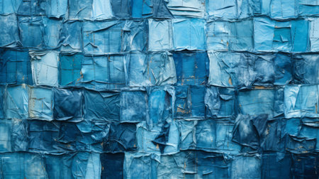 blue jeans texture with stitching, resembling recycled material murals. the design showcases pared-down abstraction and fragmented cubist forms, evoking a sense of monochromatic paintings. the color palette features dark turquoise and light navy, reminiscent of post-impressionist coloration. this captivating artwork is displayed on large canvases, adding depth and dimension to any space. ai generatedの素材
