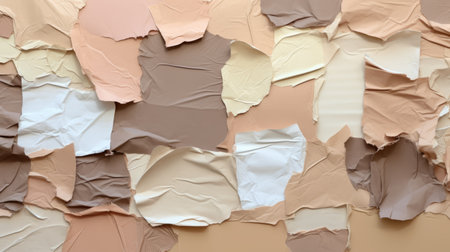 a photo of a colorful wall made up of translucent sheets featuring cosmetic concealers. the wall has a distressed and torn appearance with a scattered composition of brown, beige, light pink, dark beige, light brown, and white. the deconstructed objects create a structured abstract design. ai generatedの素材