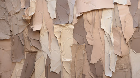a photo of a wallpapered wall in white, beige, and tan colors with intricate patterns. the wallpaper resembles the style of john chamberlain, featuring soft sculpture and cutripped elements. this conceptual installation art piece showcases an earthy palette and textural detail, incorporating the use of fabric. ai generatedの素材