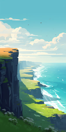 the picture showcases vibrant colored cartoon-style cliffs in ireland, featuring hazy landscapes and detailed skies. the cyan and amber tones create a realistic perspective, while the detailed character design and hard-edge painterly style add depth to the image. ai generatedの素材