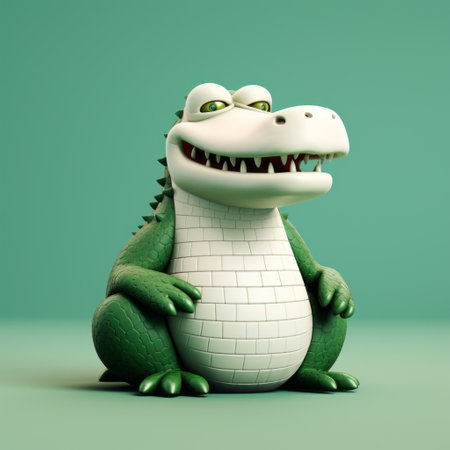 an alligator 3d animation stands out on a vibrant green background. the inventive character design showcases a mix of dark white and light gray tones, giving it a cartoonish appearance. with playful expressions and bold saturation, this character captivates viewers. the lensbaby optics add a unique touch, while the heavy texture enhances its overall appeal. a true innovator in the world of animation. ai generatedの素材