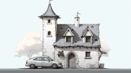 an old country house and car are depicted in this medieval-inspired drawing. the detailed character design showcases the influence of the les nabis movement, with a realistic yet romantic touch. the use of light white and gray tones adds to the overall aesthetic. this artwork combines elements of tinycore and comic art, creating a unique and captivating composition. ai generatedの素材