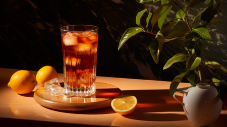 a glass of iced coffee sits in a bowl alongside vibrant fresh lemons. the dark orange and dark emerald color scheme creates a meticulously crafted scene, infused with social commentary. the image showcases a subtle tonal range, with hints of dark red and light indigo, all captured with exacting precision. ai generatedの素材