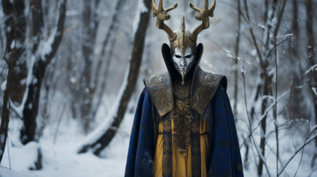 a man wearing an antler cloak stands in a wooded area, surrounded by tall trees. the cloak resembles ritualistic masks, with a combination of dark gray and light gold colors. the unique design is captivating, resembling the craftsmanship of superheroes. this stunning photo captures the beauty of nature and the intriguing artistry of the antler cloak. ai generatedの素材