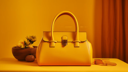 a yellow handbag sits on a table, accompanied by a vibrant flower. this photo showcases a saturated color field style, with dramatic lighting enhancing the realistic still life. the handbag exudes timeless elegance with its terracotta hue and streamlined design. meticulously crafted, this bold and colorful accessory adds a touch of large-scale sophistication. ai generatedの素材