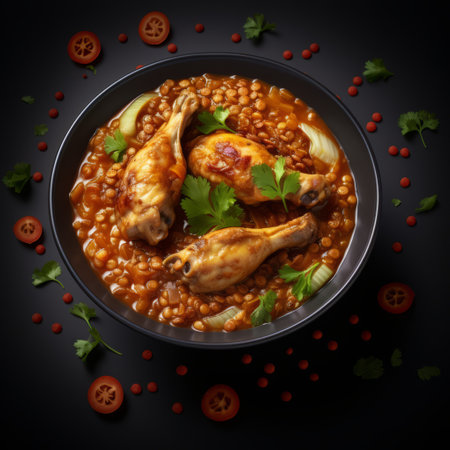 a traditional mediterranean irinai-style vegetarian soup with chicken legs is showcased in this pixel-perfect, dark amber photograph. the aerial view captures the oriental essence of the dish, while the hyperrealistic precision highlights its intricate details. the ready-made soup exudes the rich flavors of the mediterranean, making it a perfect choice for those seeking a hearty and delicious meal. ai generatedの素材