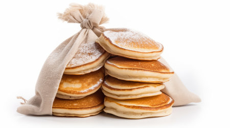 pancakes on canvas sack isolated on white background, in the style of mark keathley. this artistic photograph captures the white, soft-focus beauty of the pancakes. the image is available under the creative commons attribution license and was taken by pierre pellegrini. with a resolution of 32k uhd, the silver tones add a touch of elegance to this visually appealing composition. ai generatedの素材