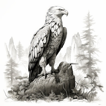 an eagle sketch is depicted in this highly detailed drawing, showcasing a realistic and hyper-detailed rendering. the artist has skillfully captured the intricate details of the eagle's feathers and features. the surroundings are adorned with highly detailed foliage, creating a captivating environment. the mountainous vistas add depth and grandeur to the composition. this artwork has been digitally enhanced, highlighting the meticulous character design. ai generatedの素材