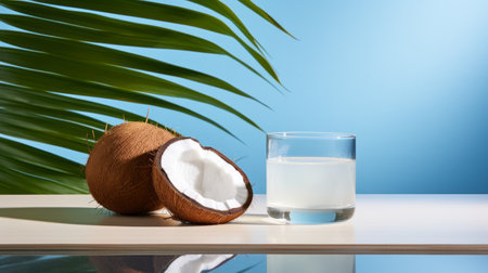 a glass of refreshing coconut water is showcased alongside a whole coconut and a vibrant leaf in this captivating image. the composition features a light cyan and sky-blue color palette, exuding a drugcore aesthetic. the highly polished surfaces of the objects create a mesmerizing effect, while the controlled spontaneity adds a touch of heatwave and carcore vibes. the coconut water appears to be poured, addingの素材