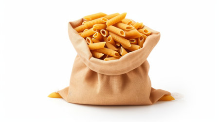a bag filled with yellow pasta is mixed with red spaghetti, creating an interesting contrast against a white background. this unique composition captures the essence of the great depression era, with piles and stacks of pasta symbolizing scarcity and resourcefulness. the image is available under the creative commons attribution license and features a color palette of dark beige and emerald, with a trace of monotoneの素材