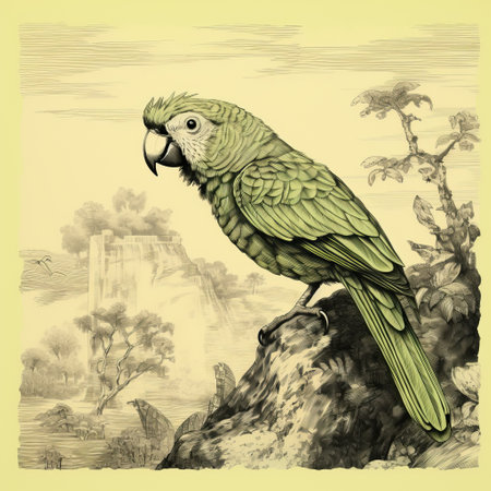 a green parrot perches on a rock in this historical reproduction-style drawing. the detailed background elements depict a nostalgic landscape reminiscent of charles spencelayh's work. the mysterious jungle setting is brought to life with a high tonal range, making it perfect for editorial illustrations. ai generatedの素材