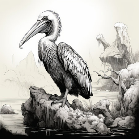 a sketch by john kelly featuring a pelican by the river. this fantasy illustration showcases detailed background elements and 2d game art style. the sketch is done in light gray and black, with chilling creatures and highly detailed figures. the artwork stands out with its high-contrast shading. ai generatedの素材