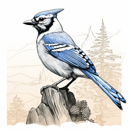 a black and white painting featuring a blue jay perched on a log. the artwork showcases naturalistic landscape backgrounds, colorful caricature, classic tattoo motifs, trace monotone, colorized, scientific illustrations, and detailed character design. ai generatedの素材