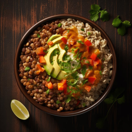 bowl of black quinoa and vegetables with lime on dark wood, in the style of pre-columbian art. this national geographic photo showcases a vibrant composition of orange and beige, reminiscent of brushstroke-intensive portraits. the uhd image captures the intricate details, while the contrasting colors of light turquoise and brown add a touch of elegance. ai generatedの素材