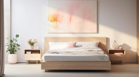 a bedroom featuring a wooden door, a light bed, and a painting in the style of light pink and light amber. the room showcases elements of neo-geo minimalism and australian tonalism, with vibrant color choices and clean lines. the painting depicts cherry blossoms, adding a touch of natural beauty to the space. this 32k uhd image captures the pure forms and serene ambiance of theの素材