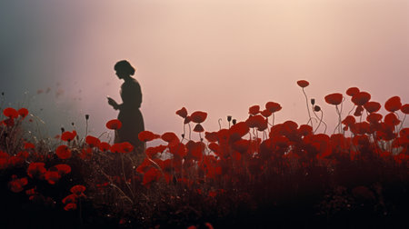 the young girl stands in an orange crop field of poppy flowers, surrounded by ethereal and ghostly figures. the silhouette figures create a mesmerizing effect, captured beautifully with the angenieux 45-90mm f2.8 lens. this associated press photo has been digitally enhanced, showcasing the vibrant hues of light crimson and crimson. the composition holds symbolic still lifes, adding depth to the captivating image. ai generatedの素材