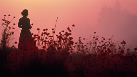 an old lady gracefully strolls through a misty field, captured in the enchanting style of kodak aerochrome. the atmosphere is imbued with a soft, ethereal quality, with hues of light red and pink enveloping the scene. delicate flora is beautifully depicted, complementing the lady's presence. shot with the sigma 85mm f/1.4 dg hsm art lens, this california plein air photograph exudes a timeless charm. aiの素材