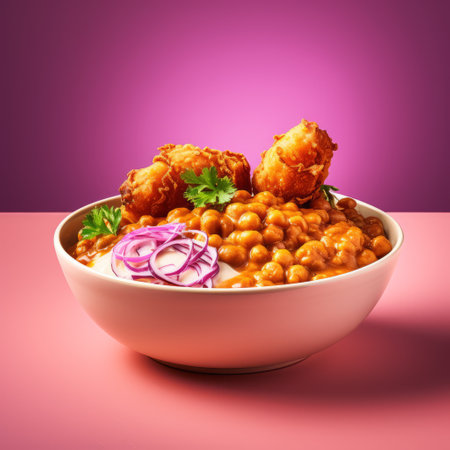a bowl filled with a vibrant assortment of food, featuring beans, captures the essence of retrowave and indian pop culture. the velvety textures and poodlepunk influences add a unique touch to this visually stunning image. the high tonal range and the use of provia film create a majestic portrayal of the dish. ai generatedの素材