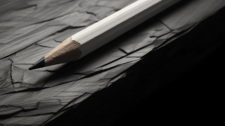 a pencil on a black surface, featuring a textured composition with light gray and white tones. the soft edges and atmospheric effects create a mimicry of ruined materials. this eco-friendly craftsmanship showcases light shadow play and sharp, clever humor. ai generatedの素材