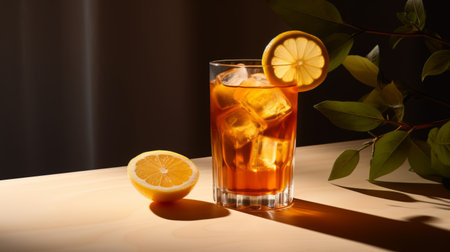 a glass of ice tea with lemon slices and ice cubes, showcasing a dark orange and light beige color palette. this visually appealing image draws inspiration from japanese aesthetics, featuring the unique style of ilford sfx photography. the handcrafted beauty of the composition is enhanced by the artistic techniques of quadratura and carcore, creating a somber mood. ai generatedの素材
