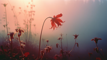 a stunning flower captured against a misty backdrop, reminiscent of elsa bleda's style. the image showcases the use of redscale film, creating a surreal atmosphere. mikko lagerstedt's influence is evident in the organic shapes and naturalistic shadows. the whimsical wilderness is enhanced by the contrasting hues of light cyan and dark crimson. ai generatedの素材