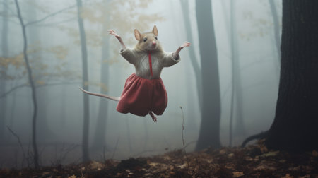 an enchanting image of a vibrant, levitating mouse captured in a misty, winter forest. the monotonous and dull surroundings beautifully contrast with the mouse's vivid colors, creating a captivating visual. this delicate and full-body pose, captured through film photography with a hasselblad camera, adds a touch of elegance to this editorial magazine photoshoot. ai generatedの素材
