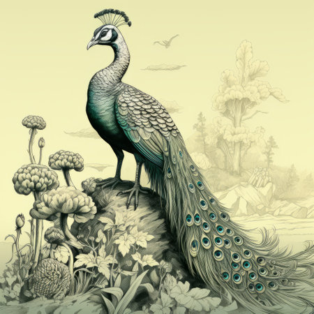 a stunning illustration by ron art veto featuring a peacock, inspired by victorian-style illustrations. the artwork showcases lush scenery and baroque animals, reminiscent of the works of asaf hanuka. the realistic landscape is depicted with soft, tonal colors, including light yellow and dark emerald, creating a captivating visual experience. ai generatedの素材