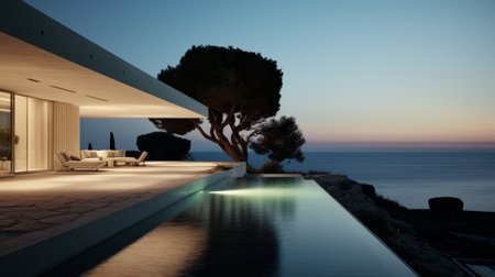 contemporary architecture villa perched on mediterranean hills with a natural pool. smooth eroded rocks volumes house this peaceful and organic structure. the white plaster minimalist volumes are clustered, featuring black rectangular large windows. surrounded by mediterranean gardens, the photo by helene binet captures the hyper-realistic beauty of this villa, accentuated by radiant night atmospheric lighting. ai generatedの素材