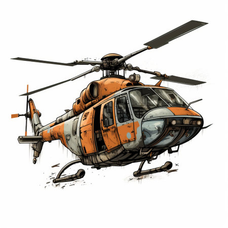 an orange helicopter soars through the expansive sky, resembling the brushstrokes of an ink wash painter. the intricate character design showcases meticulous attention to detail, while the presence of rusty debris adds a touch of realism. the hyper-realistic animal illustrations, captured on 70mm film, create a visually stunning and utilitarian illustration. ai generatedの素材