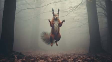 tall squirrel floating in foggy forest, vibrant against dull backdrop. levitating in delicate pose, captured in film photography. hasselblad's magazine editorial photoshoot showcases the squirrel's full-color vibrancy amidst the monotone forest. ai generatedの素材