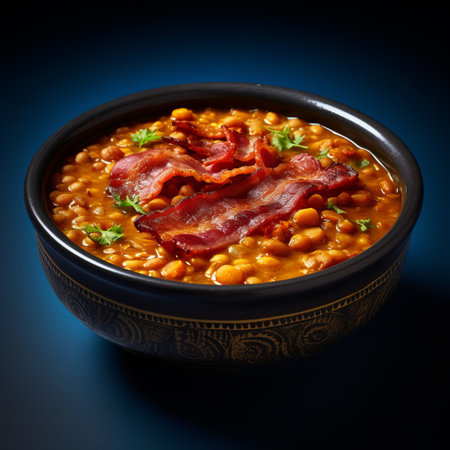 a bowl of chili with bacon and beans, captured in a photorealistic rendering. this orient-inspired scanner photograph showcases a light indigo hue, reminiscent of the kushan empire. the rtx technology used in this texture-based image brings out the intricate details of the ingredients, making them almost tangible. ai generatedの素材
