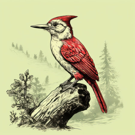 a hand-drawn illustration of a red woodpecker bird is depicted in this artwork. the style of the illustration is inspired by realistic landscapes, featuring soft and tonal colors. influenced by artists like frank xavier leyendecker and ivan bilibin, the illustration showcases the vibrant colors of emerald and crimson. the graphic illustration beautifully captures the characteristics of animals. ai generatedの素材