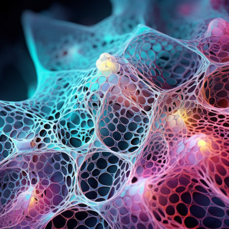 a computer-generated image featuring a small structure with a colorful pattern on a dark background. the design resembles cellular formations and layered mesh, with shades of light pink and light blue. the image incorporates elements of bone, focus stacking, and medical themes. the use of caffenol developing technique adds a unique touch to the overall aesthetic. ai generatedの素材