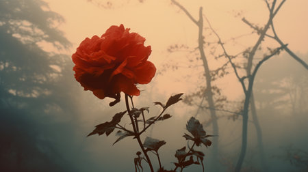 a red rose stands prominently in front of a misty forest, creating a captivating scene reminiscent of redscale film photography. the national geographic-inspired photo showcases a smokey background, with luminous shadowing adding to its romantic and nostalgic themes. the image on flickr captures the essence of a burned and charred atmosphere, evoking a sense of intrigue and mystery. ai generatedの素材