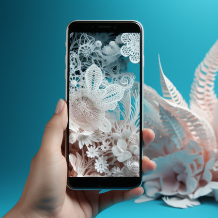 a photograph showcasing a detailed and intricate composition of a galaxy s8 and galaxy s9 smartphone surrounded by beautiful orchids. the smartphones are depicted in the style of paper sculptures, creating an atmospheric photogram. the light cyan and white colors add to the overall aesthetic, while the intricate foliage enhances the visual appeal. this interactive installation captures photographically detailed portraitures. ai generatedの素材