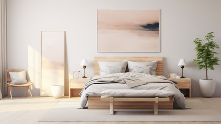 neutral and light bedroom in a modern home with pastels, featuring a zen-inspired ink painting style. the photo showcases abstract landscapes in 8k resolution, with soft color blending of light orange and pink. the australian landscape serves as a beautiful framing element in this serene and calming space. ai generatedの素材