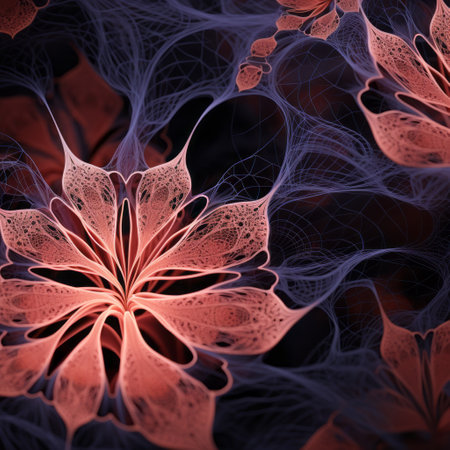 dark wallpaper featuring a light abstract pattern by kristalcz. the design showcases red threads, fractal geometry, and intricate, delicate flower and garden paintings. the color palette includes light orange and indigo, with layered lines creating an illusion of three-dimensionality. the overall effect is a captivating blend of light black and pink. ai generatedの素材