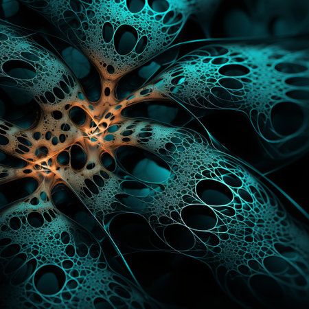 an underwater flower illustration showcasing cellular formations in dark cyan and orange. the focus is on the joints and connections, creating an illusion of three-dimensionality. gossamer fabrics and organic formations add to the overall aesthetic. the color palette includes light black and turquoise, enhancing the underwater ambiance. ai generatedの素材