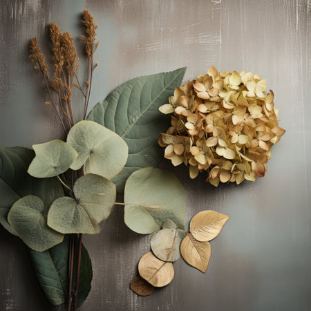 a photo of flowers resembling banana leaves, arranged in a classic still life composition. the flowers are in shades of light bronze and gray, complemented by natural and man-made elements such as wood. the overall color palette includes light gold, light beige, light green, and light amber, creating a harmonious blend reminiscent of american tonalism. ai generatedの素材