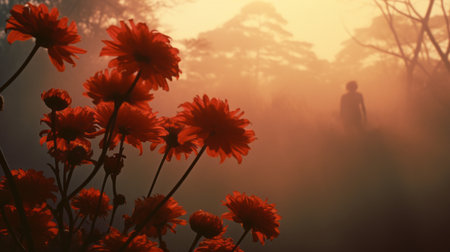 a person stands amidst a vibrant array of colorful flowers, enveloped in a mystical fog. the scene is captured through the lens of a zeiss batis 18mm f2.8, showcasing a romantic chiaroscuro effect. this indonesian art-inspired photograph plays with the interplay of light and shadow, creating a captivating visual experience. discover this enchanting image on flickr. ai generatedの素材