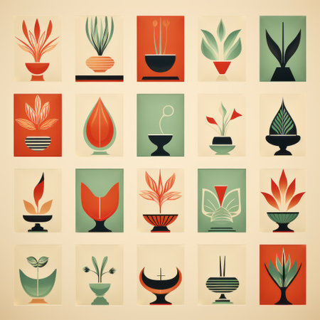 a collection of retro-futuristic propaganda-inspired floral plants showcased in vibrant color blocks and decorative vessels. the artistic composition draws inspiration from cambodian art, incorporating naturalistic light and shadow to create a visually striking display. the minimalistic forms add a touch of modernity to this unique and captivating arrangement. ai generatedの素材