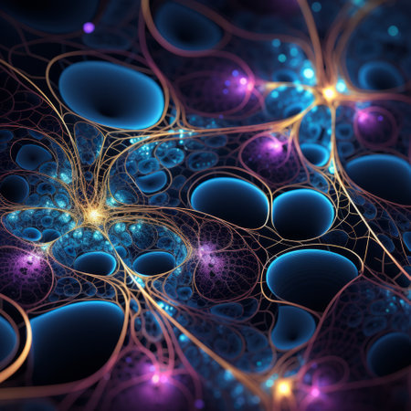 abstract colored shapes in the style of infinity nets adorn a dark background. the intricate sculptures feature detailed science fiction illustrations with a depth of field effect. the light gold and blue hues blend harmoniously with the richly detailed backgrounds, while the light cyan and purple tones add a touch of vibrancy to the composition. ai generatedの素材