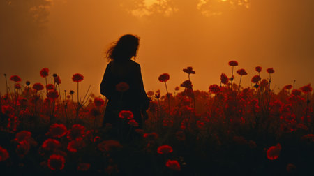 a silhouette of a person standing in a field of vibrant red flowers, captured by keith carter in a style that exudes romantic soft focus and ethereal light. the image, taken with a nikon d850, showcases the emotional sensitivity reminiscent of camille claudel's art. the play of light in shades of black and orange adds depth to marguerite blasingame's composition. ai generatedの素材