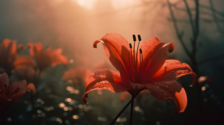 red lily in a sunny field, capturing a moody atmosphere with its light orange and dark gray tones. the atmospheric and moody lighting adds to the dreamlike atmosphere of this uhd image by alessio albi. the blurred effect enhances the beauty of this stunning composition. ai generatedの素材