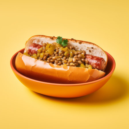 a hot dog, stuffed with vegetables, is showcased on a yellow background in this high-quality photo. the image, captured in the style of lomo lc-a, features a glazed earthenware effect and a dotted pattern. with a meatpunk aesthetic, the vibrant orange colors make this photo reminiscent of a national geographic shot. ai generatedの素材